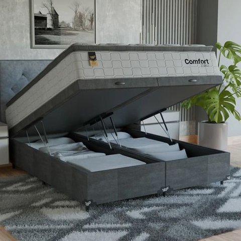 Cama Box Baú Queen + Colchão Comfort Class Pillow Top Branco/suede Cinza