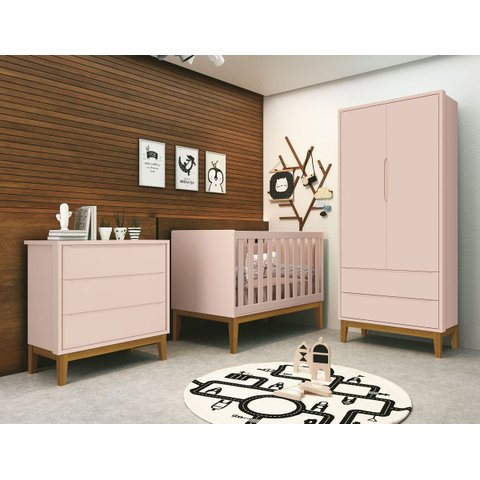 Jogo de Quarto para Bebê Completo 2 Portas Classic New Rosa Fosco com Madeira - MoveisAqui