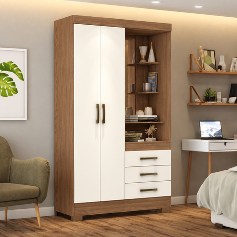 Guarda Roupa Roupeiro Solteiro Pequin B64 Briz 2 Portas 3 Gavetas com Espelho Nature Off White Henn