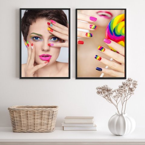 Kit 2 Quadros para Salão Manicure- Unhas Coloridas 24x18cm - com Vidro:madeira Preta