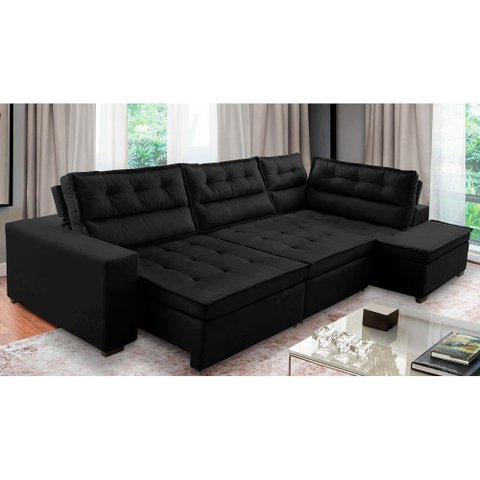 Sofá de Canto Retrátil e Reclinável com Molas 3,40x2,00 Virginia Suede Preto Adonai Estofados