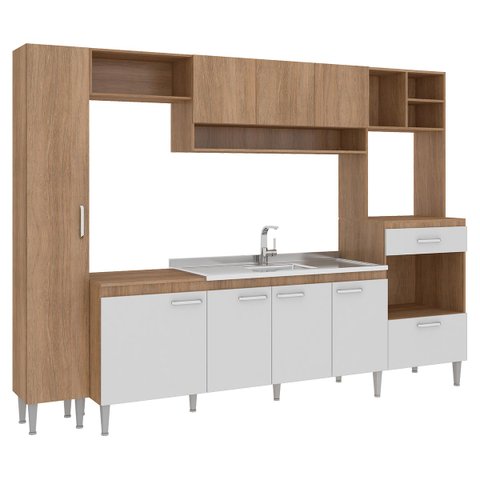 Cozinha Modulada Inova 270x192Cm Balcão Para Pia e Cooktop Carvalho Branco MDP - ClickLar