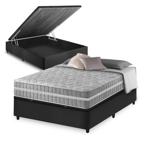 Cama Box Baú Solteiro Preto + Colchão Molas Ensacadas Zidi Miami 88x188x64cm