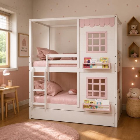 Treliche Infantil Casinha Reta com 02 Janelas Madeira Maciça Branco/ Rosa Megamobilia