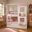 Ver imagem 1 de Treliche Infantil Casinha Reta com 02 Janelas Madeira Maciça Branco/ Rosa Megamobilia