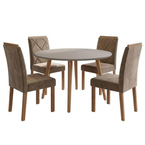 Mesa de Jantar Redonda Dani Mdf com 4 Cadeiras Estofadas Suede Off White Joli Molci