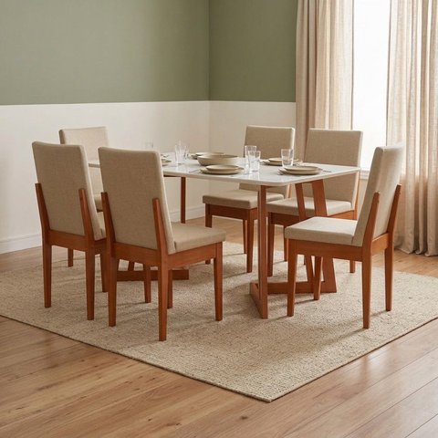 Conjunto Mesa de Jantar 6 Cadeiras 160cm com Tampo de Vidro