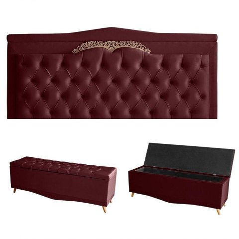 Kit Barcelona Cabeceira de Cama Painel e Calçadeira Baú King 195 Cm Suede Bordo do Lar Móveis e