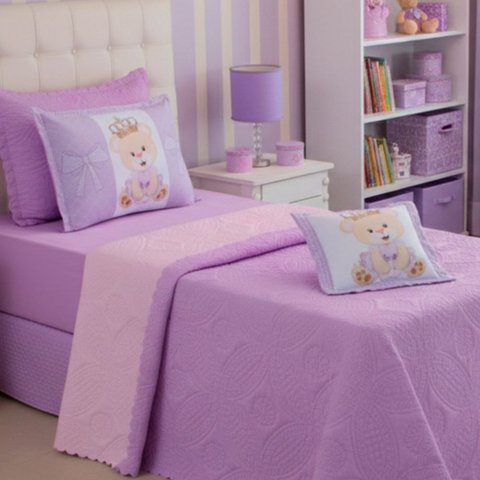 Kit Cobre Leito Solteiro Colcha Stitch e Angel Infantil 4 Peças:princesa Ursa Lilás