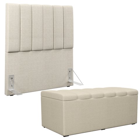 Kit Cabeceira Cama Box Solteiro 100cm Calçadeira Recamier Baú Dália W01 Linho Champagne - Lyam