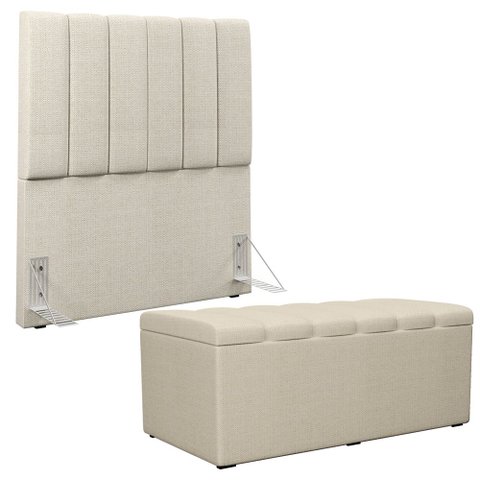 Kit Cabeceira Cama Box Solteiro 100cm Calçadeira Recamier Baú Dália W01 Linho Champagne - Lyam