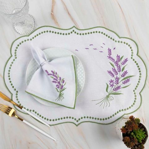 Kit 12 Jogos Americanos Guardanapos de Mesa Retangular Bordado Lavanda - Branco
