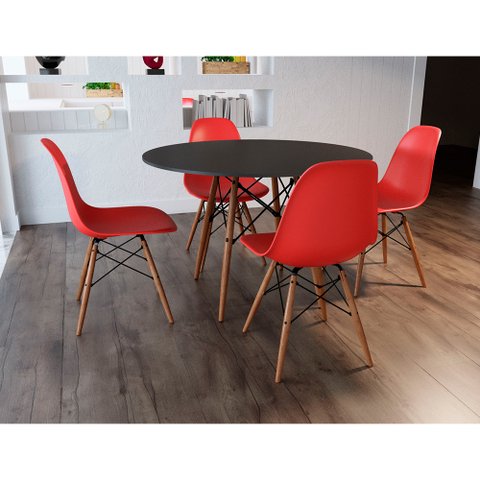 Sala de Jantar Mesa Eames 90cm Preta com 4 Cadeiras Vermelhas - Up Home