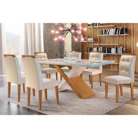 Sala de Jantar Completa Imperatriz Tampo Madeirado C- Vidro Curvo 180x90 e 6 Cadeiras Imperatriz