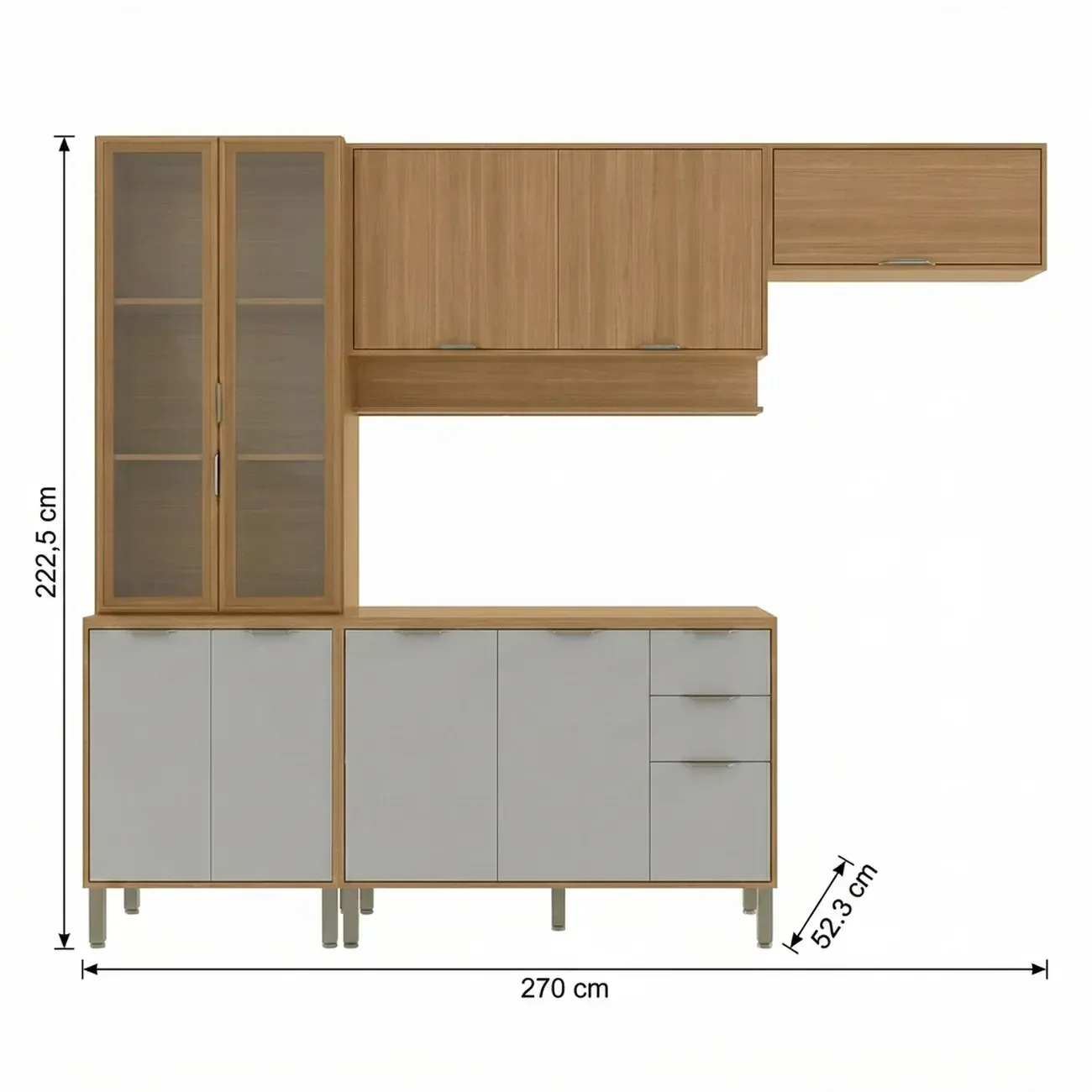 Ver imagem 3 de Cozinha Compacta Modulada 4 Peças 270cm 10 Portas e 2 Gavetas Colors Marrom Freijó/Cinza Chalck