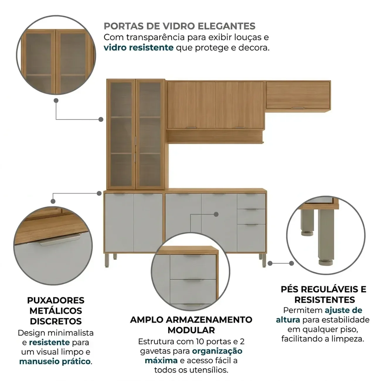 Ver imagem 4 de Cozinha Compacta Modulada 4 Peças 270cm 10 Portas e 2 Gavetas Colors Marrom Freijó/Cinza Chalck