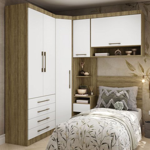 Quarto de Canto Solteiro com Guarda Roupas Cabeceira Paris Luciane Móveis