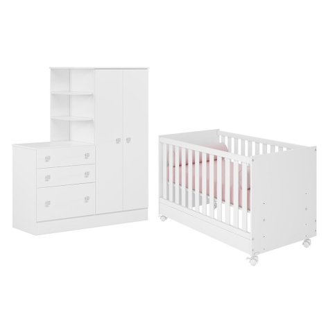 Berço Mini Cama 1344 com Colchão Probel Roupeiro com Cômoda 4070 Quarto Bebê Doce Sonho Branco Qmovi