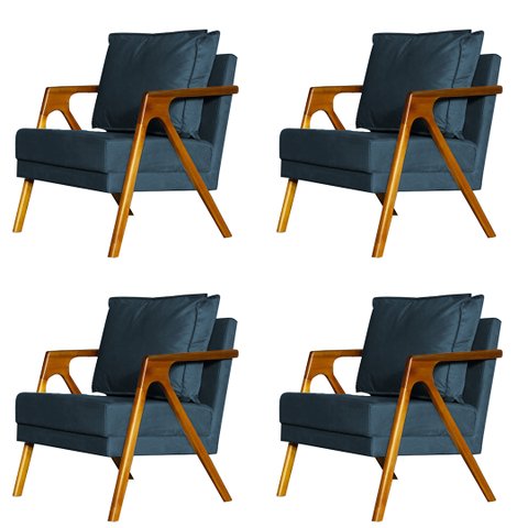 Kit 4 Poltronas Cadeira Marilia Recepção - Suede Azul Marinho