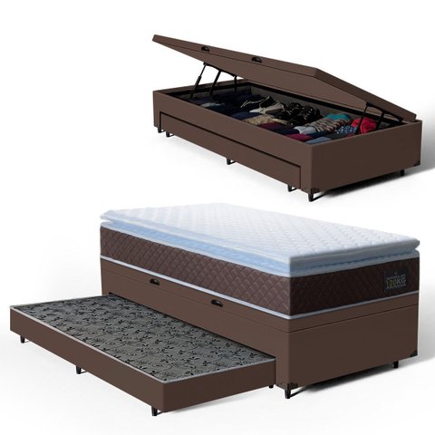 Cama Box Baú com Colchão de Espuma D33 Pillow Top Comfort Luxo + Auxiliar Unique Solteiro 88cm