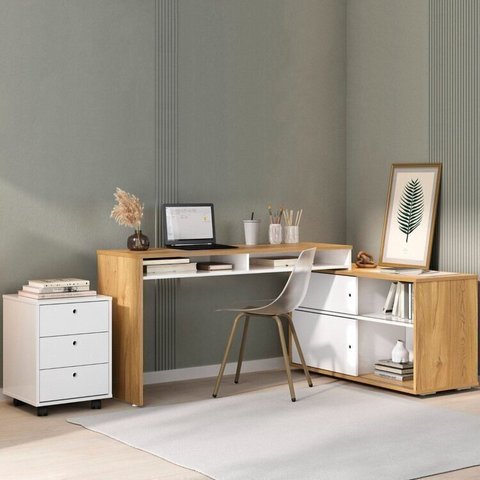 Conjunto Escrivaninha Flex 2 Portas com Gaveteiro New 3 Gavetas Branco/Olmo Artany