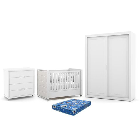Dormitório Tutto New 2 Portas, Cômoda 4 Gavetas e Berço Branco Soft com Capitonê e Colchão