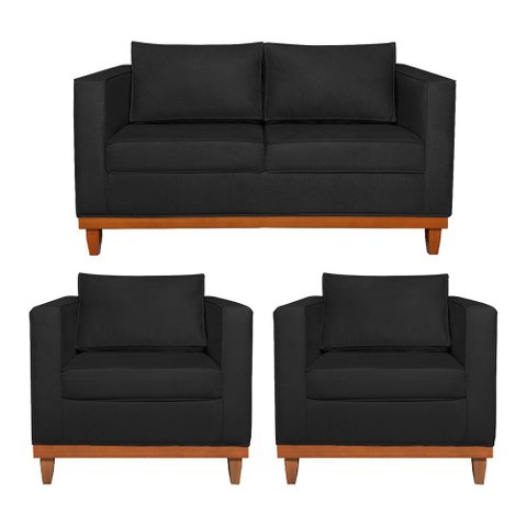 Kit Sofá 3 Lugares e 2 Poltronas Europa 180 cm Estilo Conforto e Elegância Suede Preto - Amarena