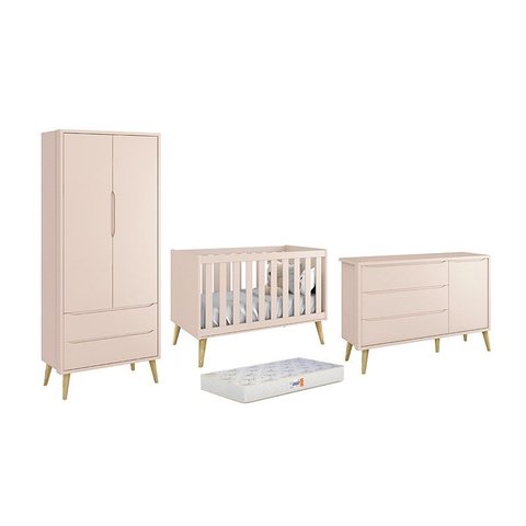 Dormitório Theo 2 Portas, Cômoda com Porta Rosa com Pés Madeira Natural e Colchão D18 - Reller Móvei
