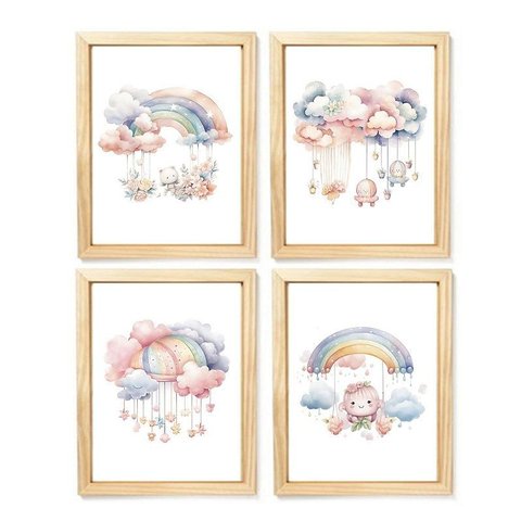 Kit Quadro Infantil Arco Iris Aquarela Decoração Quarto Menina Enxoval Bebê Criança