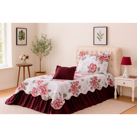 Kit 3 Pçs Cobre Leito Colcha Solteiro Belize com Babados:Amapola Vinho