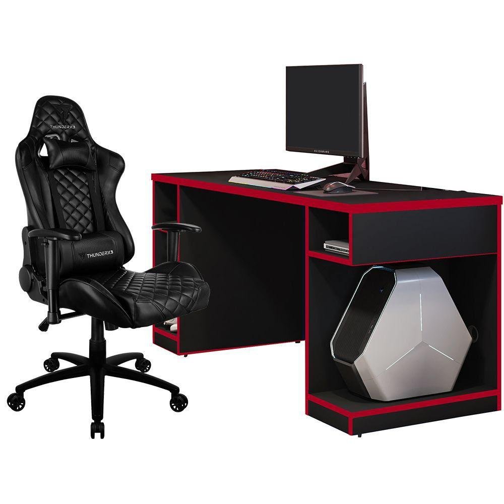 Kit Mesa Para PC Gamer Destiny Preto Vermelho e Cadeira Gamer TGC12 H01 ThunderX3 Preto -Lyam Decor Menor preço em Kit Mesa Para PC Gamer Destiny Preto Vermelho e Cadeira Gamer TGC12 H01 ThunderX3 Preto -Lyam Decor