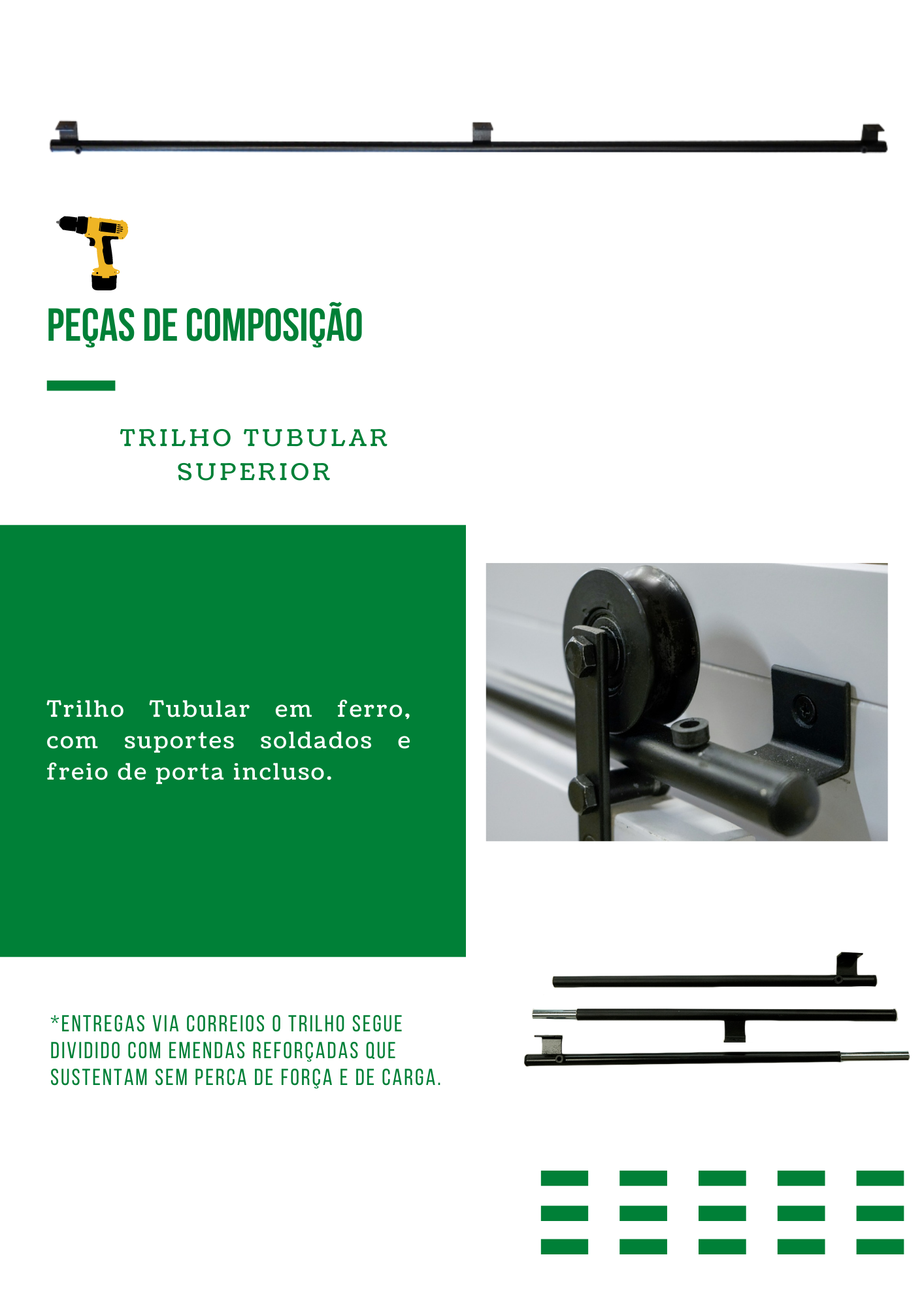 Kit p/ Porta Dupla Celeiro - Trilho Tubular 3,00 M - Preto - Al-Fer - 6