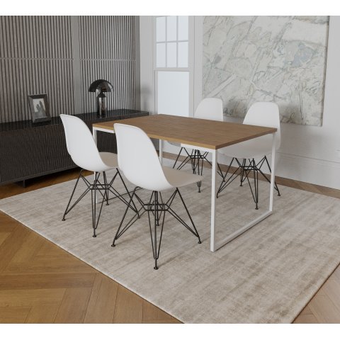 Mesa Industrial Base Ferro Branco Tampo 137x90 Amendoa 4 Cadeiras Eames Ferro Preto Assento Branco