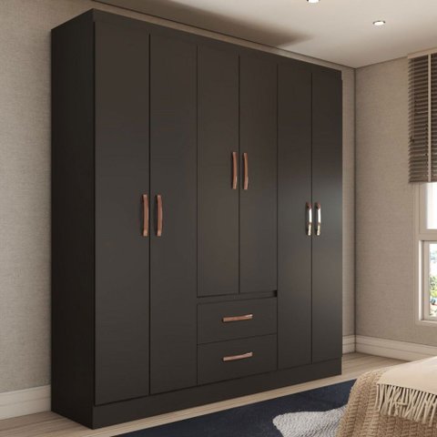 Guarda-roupa Solteiro Belmont 6 Portas 2 Gavetas Preto - Panorama Móveis Móveis