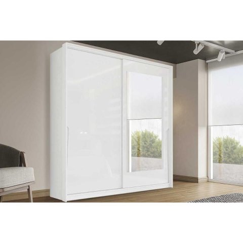 Guarda Roupa 2 Portas de Correr (1 C/ Espelho) e 2 Gavetas Porto Branco - Politorno