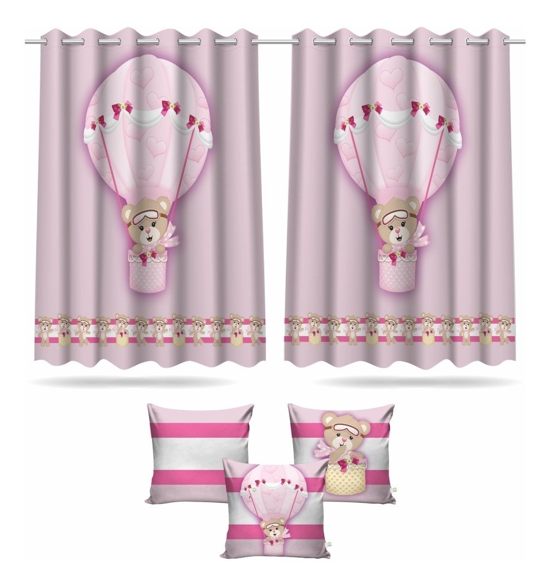 Kit Cortina + 3 Capas Almofadas Infantil Ursinha Baloeira