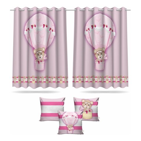 Kit Cortina + 3 Capas Almofadas Infantil Ursinha Baloeira