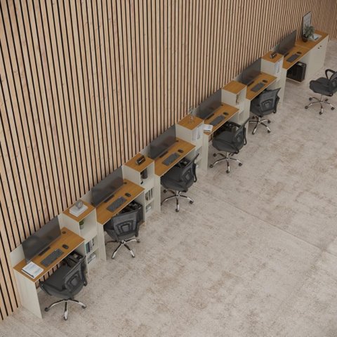 Conjunto de Escritório Smart 5 Livreiro 1 Buffet e 6 Mesas 90cm - Off White e Cedro