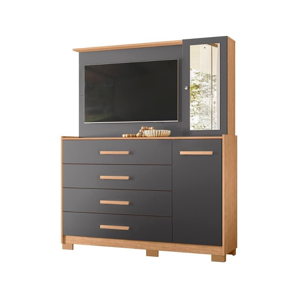 Cômoda Quarto com Painel para Tv Ilhabela 4 Gavetas 2 Portas Freijo/titanium