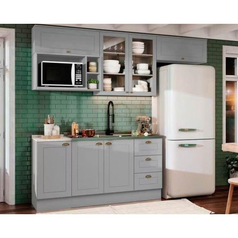 Kit de Cozinha Modulada 7 Peças Americana (3 Aéreos. 2 Balcões, 1 Nicho, 1 Complemento) Cinza -