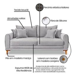 Sofá Living 3 Lugares Bouclê Cinza 2.00m Pés em Madeira Bz Home Decor - 7