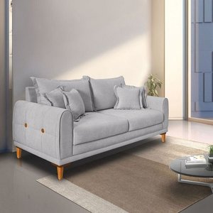 Sofá Living 3 Lugares Bouclê Cinza 2.00m Pés em Madeira Bz Home Decor