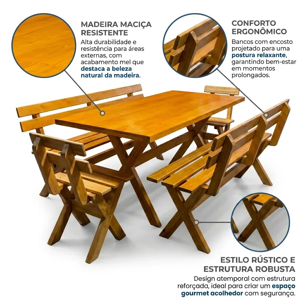 Ver imagem 4 de Mesa para Área Externa e 4 Bancos com Encosto Kit Churrasco Yescasa Mel