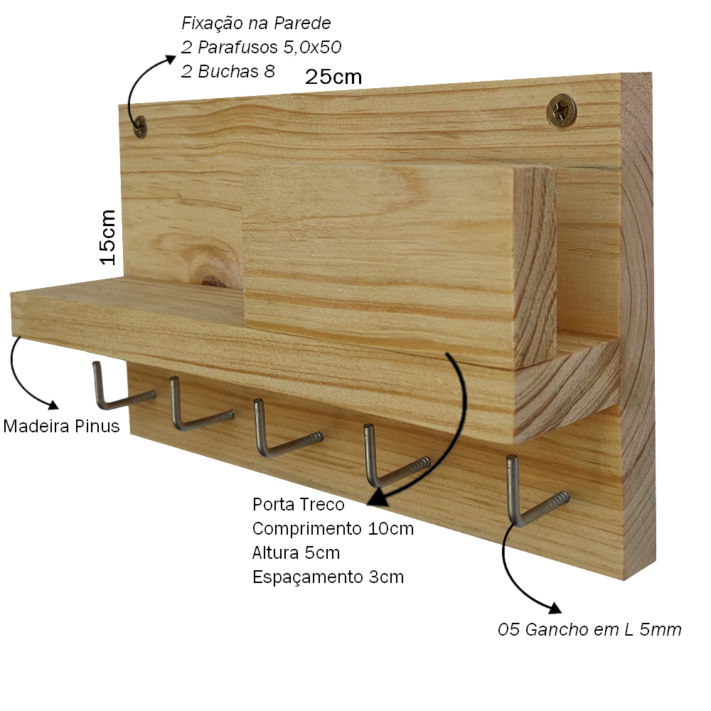 Porta Chaves para Parede com Prateleira em Madeira Pinus - 4