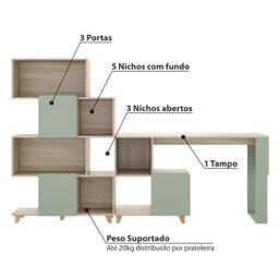 Kit Mesa de Escritório com Estante Aurora - Natural/Verde - 3