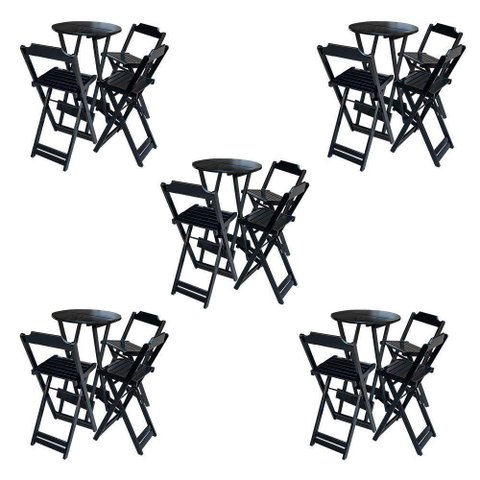 Kit 5 Jogos De Mesa Bistrô De Madeira Dobrável Com 3 Banquetas - Preto