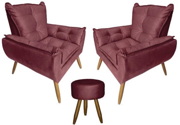 Kit 2 Poltronas Decorativas Opala com Puff Redondo Suede Bordô - 1