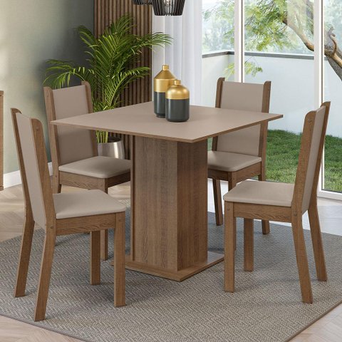Conjunto Sala de Jantar Madesa Alana Mesa Tampo de Madeira 4 Cadeiras - Rustic/crema/sintético Bege