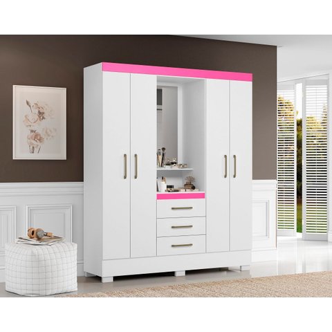 Guarda Roupa Paris 163cm com Espelho - Branco/rosa Flex Aramóveis