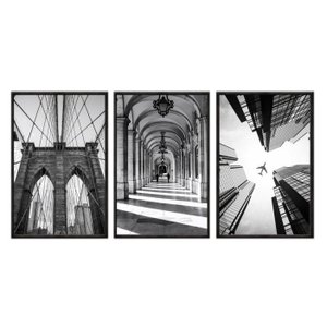 Kit 03 Quadros Decorativos - Arquitetura Preto e Branco Prf004 - Tela Canvas - 40x60cm
